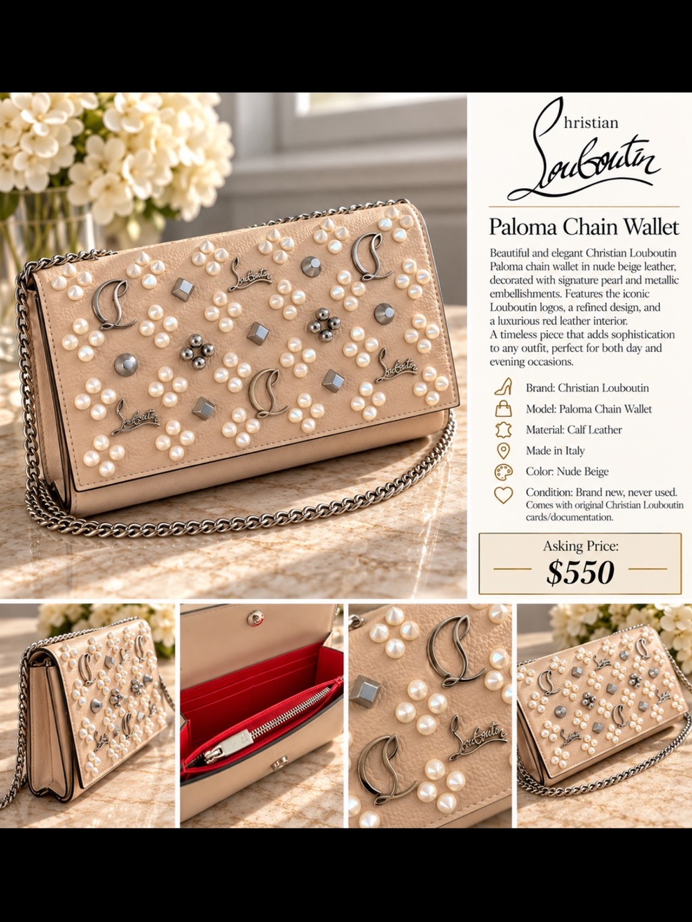 Christian Louboutin Beige Pearl & Metal Embellished Paloma Chain Wallet
